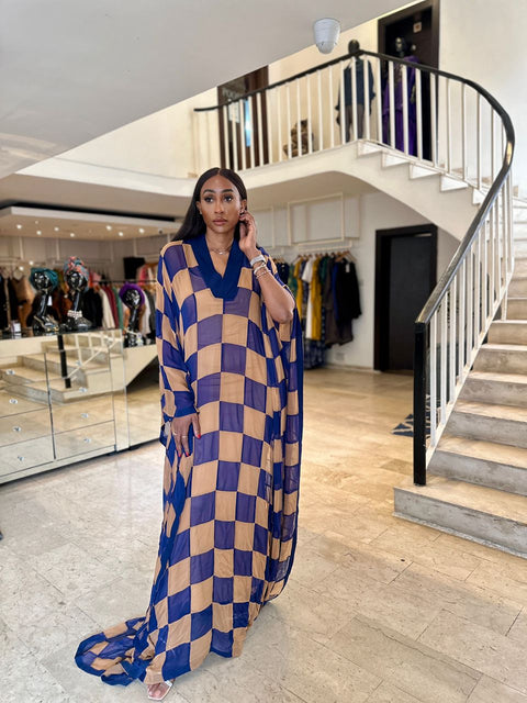 Silk chiffon checkered kaftan Blue/Beige
