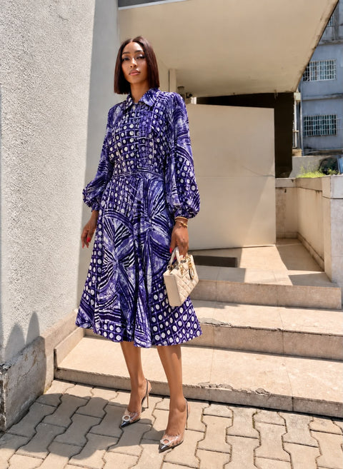 HZ ADIRE BLOSSOM SLEEVE MIDI SHIRT DRESS